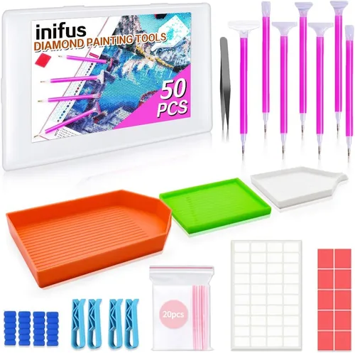 Inifus 50 piezas de accesorios y herramientas de pintura de diamante 5D, kit de pintura de arte Dimand, kit de inicio de pintura de diamante para