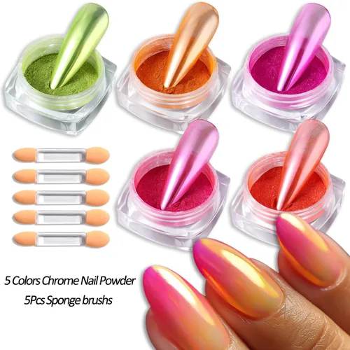 Miniatura 2 de Polvo de pigmento de uñas de neón, 5 colores de efecto espejo metálico, polvo cromado para uñas, diseño de uñas iridiscentes degradadas, kit