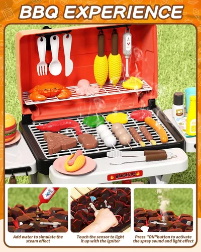Miniatura 4 de 2026 Actualización 60 piezas Juego de Parrilla de Barbacoa para Niños con Humo Simulado, Juego de Cocina de Juguete para Niños de 4 a 8 años
