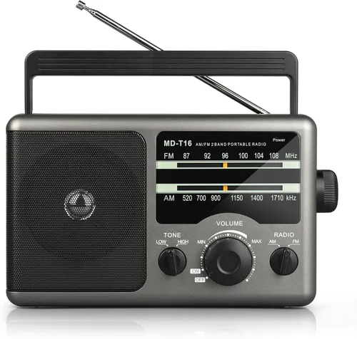 Greadio Radio transistor de radio portátil AM FM con conector de auriculares de 0.138 in, modo de tono alto/bajo, altavoz grande, alimentación de CA