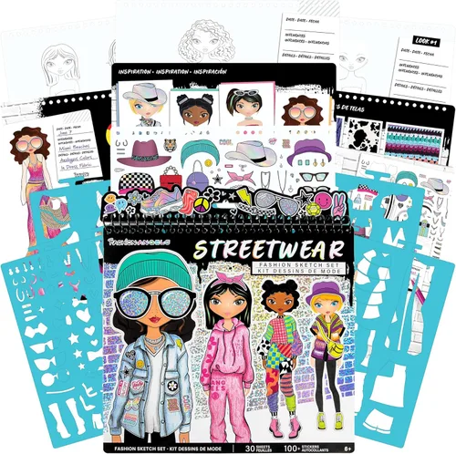 Miniatura 12 de Fashion Angels Cuaderno de bocetos de diseño de moda - Libro de bocetos para principiantes, bloc de bocetos con plantillas y calcomanías para niños