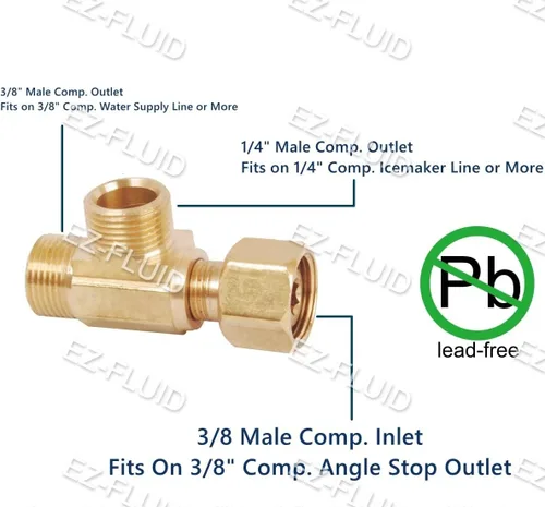 Miniatura 2 de EZ-Fluid Comp. hembra de 3/8 pulgadas x 1/4 pulgadas macho Comp. x 3/8 pulgadas macho Comp. LF Latón Add-on-Tee Extensor de conexión de rama