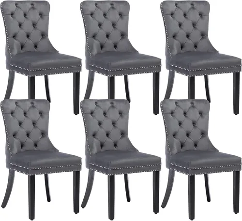 Miniatura 23 de KCC Nikki Collection - Juego de 4 sillas de comedor de terciopelo tapizadas de alta gama con anillo trasero de clavo, patas de madera maciza