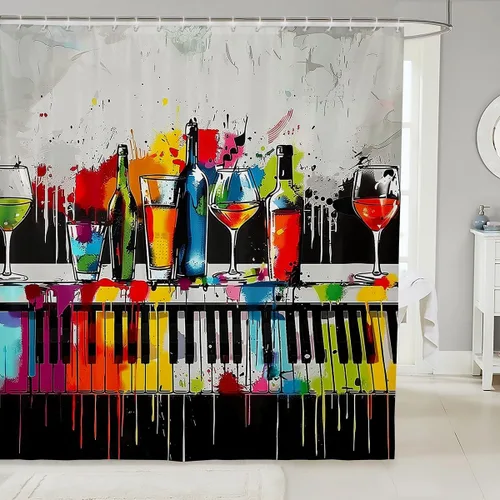Miniatura 29 de Homewish Cortina de ducha con música de piano, notas musicales, tela impermeable de secado rápido, para niños, niñas, niños, adolescentes, retro