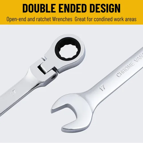Miniatura 4 de 17mm Llave de Trinquete Métrica con Cabeza Flexible de 12 Puntas, Llave Combinada de Engranajes de 72 Dientes de Cromo Vanadio