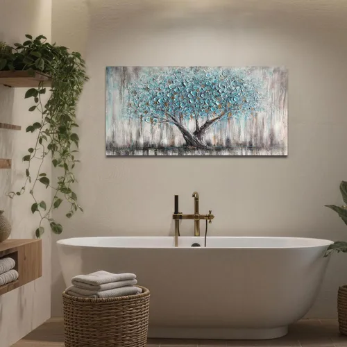 Miniatura 5 de Arjun Lienzo artístico para pared de árbol de la vida para sala de estar, pintura de árbol azul y verde azulado, 50% pintada a mano, imagen