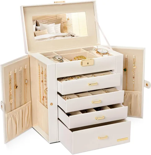 Miniatura 19 de Homde Regalos de Navidad de cuero sintético, enorme joyero, organizador de reloj con espejo, collar, anillo y aretes, estuche de regalo con Dorado
