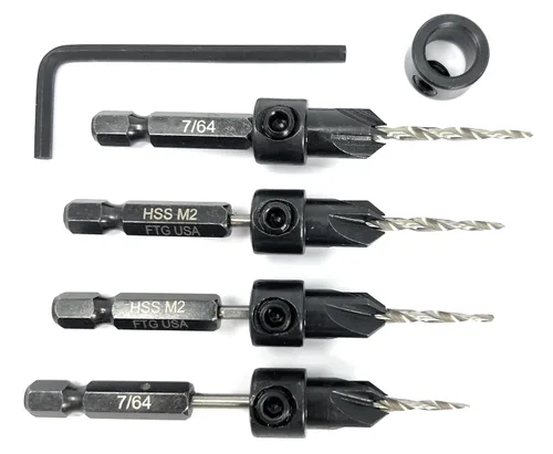 Miniatura 12 de FTG USA Juego de 12 brocas avellanadoras #8 (11/64 pulgadas) con collar de tope de profundidad, llave hexagonal, brocas cónicas para madera