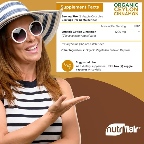 Miniatura 5 de Canela de Ceilán orgánica certificada NutriFlair, 1200 miligramos por porción, 120 cápsulas