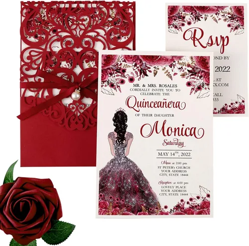 50 invitaciones de quinceañera personalizadas de 5x7.2 pulgadas, corte calado mediante láser, color rojo, con tarjetas RSVP y sobres, y banda para
