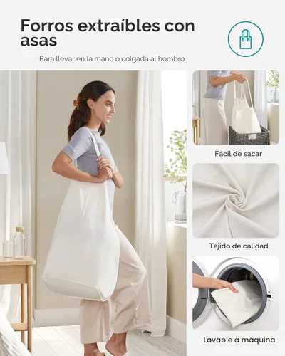 Miniatura 4 de SONGMICS Cesta de lavandería con tapa, cesta de ropa de 110 litros con 2 bolsas de forro extraíbles, 6 bolsas de malla, canasta de mimbre para Gris