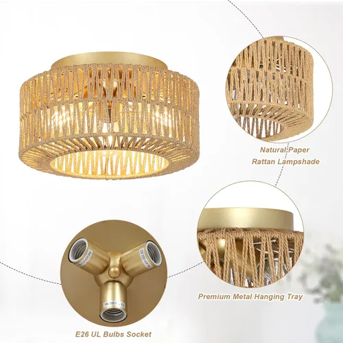 Miniatura 4 de PAUFUL Lámpara bohemia de 3 luces, lámpara de techo de ratán de granja, montaje empotrado con pantalla tejida a mano, lámpara moderna para sala
