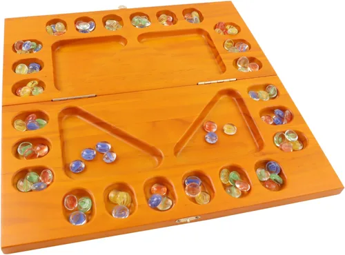 Miniatura 9 de GSE Games & Sports Expert Juego de mesa plegable de madera de Mancala con piedras de vidrio multicolor y bolsa de almacenamiento, juego portátil