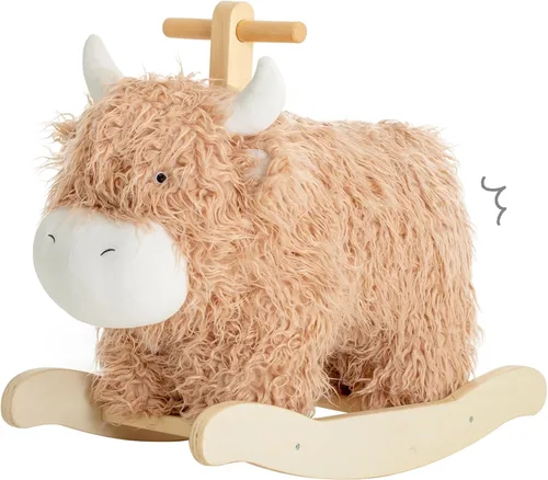 Caballo mecedora bebé para 1 año de edad, caballo de madera de vaca/yak con balanceo con caña y peluche de madera, juguete de montar para niñas y