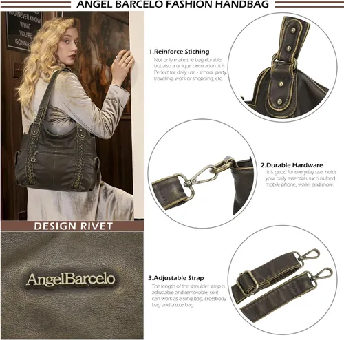 Miniatura 158 de Angel Barcelo - Bolsa de hombro amplia para mujer, diseño Hobo, cuero lavado