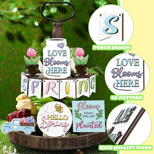 Miniatura 3 de Patelai Juego de decoración de bandejas escalonadas de madera pastel Hello Spring Decor Truck Tulipán Flower Table Signs, decoración rústica