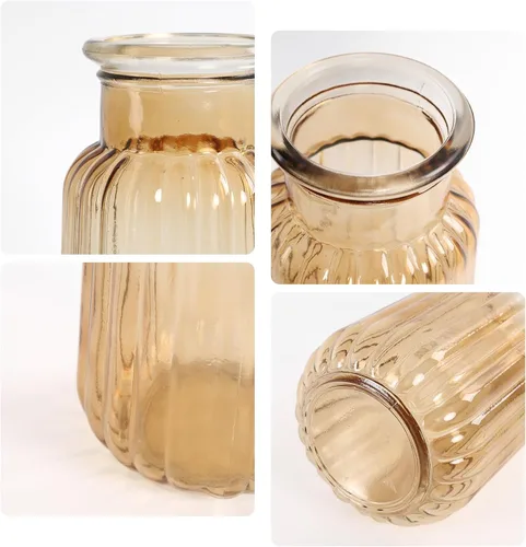 Miniatura 6 de Jarrón de cristal ámbar, florero acanalado de 8.7 pulgadas de alto para ramo, centro de mesa, decoración de mesa de comedor, jarrones transparentes