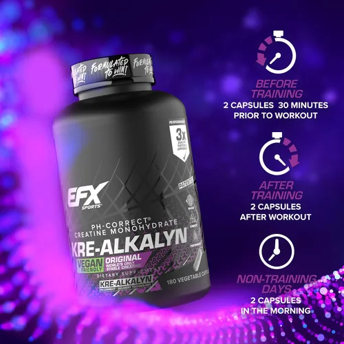 Miniatura 8 de EFX Sports Kre-Alkalyn EFX Suplemento de píldora de monohidrato de creatina con pH correcto, apto para veganos, fuerza y crecimiento muscular, 90