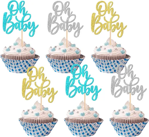 Miniatura 18 de 24 piezas Oh Baby Cupcake Toppers Glitter Baby Shower Cupcake Picks Reveal Género Decoración de Pasteles para Baby Shower Niños Niñas Fiesta de Azul