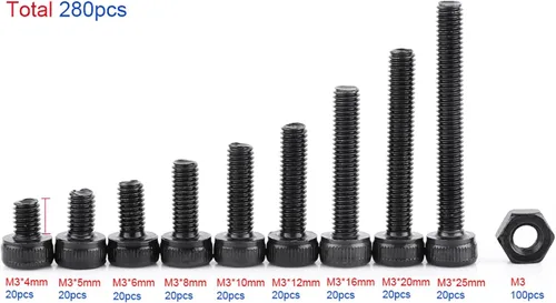 Miniatura 5 de Juego surtido de tornillos M3, 280 unidades, acero de aleación de grado 12.9, cabeza hexagonal, cabeza de botón, tornillos, tuercas y tornillos