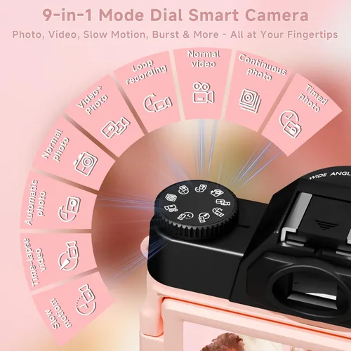 Miniatura 9 de Cámara digital 6K para fotografía con enfoque automático, cámara de videoblogs WiFi de 64MP para YouTube con pantalla giratoria de 3" 180°, zoom Rosa