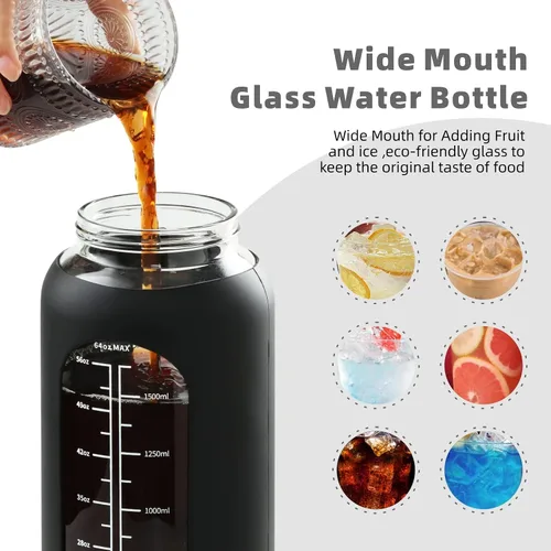 Miniatura 5 de Botella de agua de vidrio de 74 onzas con tapa de popote 2 en 1, botella de agua de galón grande con marcador de tiempo y funda de silicona