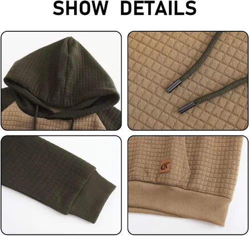 Miniatura 4 de Sudadera de manga larga para hombre, con capucha con cordón, de jacquard a cuadros, estilo informal y hípster, con bolsillo de canguro