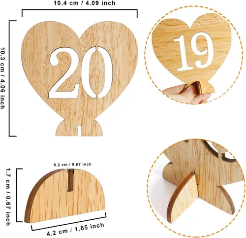 Miniatura 2 de Números de mesa de madera con forma de corazón del 1 al 20 con base de soporte, tarjetas de madera rústicas huecas para bodas, fiestas, decoración