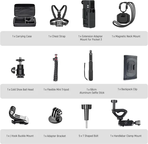 Miniatura 7 de NEEWER Basics Kit de Accesorios 16 en 1 Compatible con DJI OSMO Pocket 3, Mini Trípode, Varilla Selfie, Correa de Pecho, Montura Magnética
