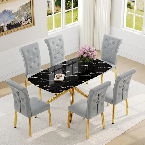 Miniatura 26 de Juego de mesa de comedor moderna para mesa de comedor negra de 4,63 pulgadas, juego de 4 con patas de metal dorado, mesa de cocina rectangular