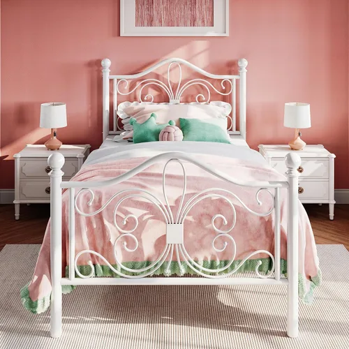 Miniatura 12 de SHA CERLIN Marco de Cama Tamaño Twin para Niños, Marco de Cama de Metal con Cabecero y Pie de Cama de Diseño de Patrón de Mariposa, No Necesita Rosa