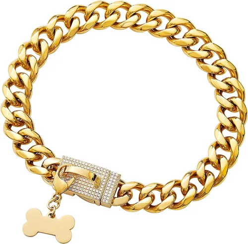 Collar de perro de cadena dorada con circonita cúbica brillante, eslabones cubanos de acero inoxidable de 0.59 pulgadas, collar de lujo para caminar