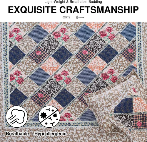 Miniatura 5 de DDUOXIN Colcha floral tamaño King de 120 x 120 pulgadas, 100% algodón, reversible, de gran tamaño, con 2 fundas de almohada, colchas de granja