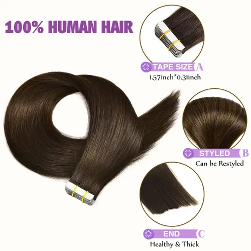 Miniatura 5 de Extensiones de cabello humano con cinta, 20 unidades, 22 pulgadas, 1.76 oz, extensiones de cabello humano Remy con cinta adhesiva, color marrón