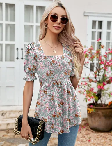 Miniatura 3 de LOMON Túnicas de mujer con cuello cuadrado, manga corta abombada, blusa peplum para mujer, camisetas 2025 primavera verano S-XL