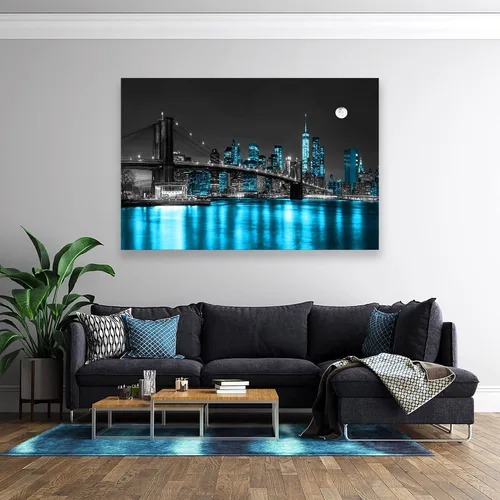 Miniatura 4 de Aibonnly Arte de Pared Pintura en Lienzo Negro, Blanco y Azul Puente de Brooklyn de Nueva York 1 Pieza Paisaje Urbano Nocturno Edificio Imagen