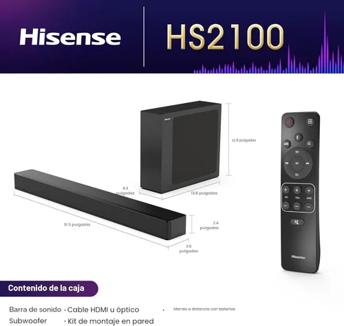 Miniatura 2 de Hisense HS2100 - Barra de sonido de 2.1 canales con subwoofer inalámbrico, Dolby Audio, DTS Virtual:X, HDMI ARC, Bluetooth 5.3, control remoto, 6