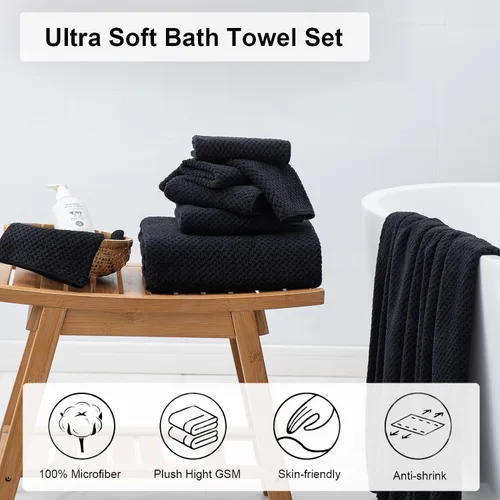 Miniatura 2 de Juego de 8 toallas de baño grandes negras para la familia, 2 toallas de baño de gran tamaño, 2 toallas de mano, 4 toallas pequeñas, 600GSM, suaves