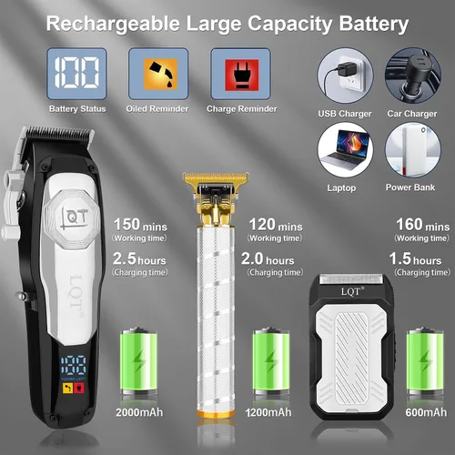 Miniatura 4 de Juego de cortapelos y recortadora de barba profesional inalámbrica para hombres, pantalla LED y batería de larga duración, palanca ajustable