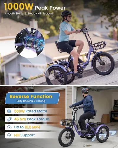 Miniatura 4 de MOONCOOL Electric Tricycle for Adults, 500W/750W Folding Electric Trike for Adults, 20"x3.0" Fat Tire 3 Wheel Electric Bike, Aluminum Frame