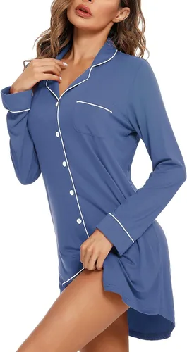 Miniatura 92 de Samring Camisón de pijama para mujer, manga corta/larga, con botones, camisón para dormir, camisón para novio, talla XXL