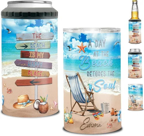 Dorris A Day At The Beach Restore The Soul Can - Vaso enfriador de latas con nombre personalizado 4 en 1 con aislamiento de 16 onzas con tapa, Playa