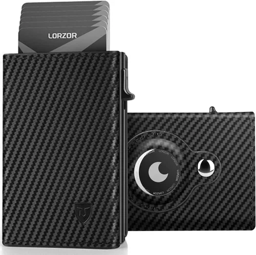 LORZOR Billetera para hombre para Apple AirTag Cartera inteligente minimalista de cuero genuino para hombres, soporte para AirTag, RFID delgada,