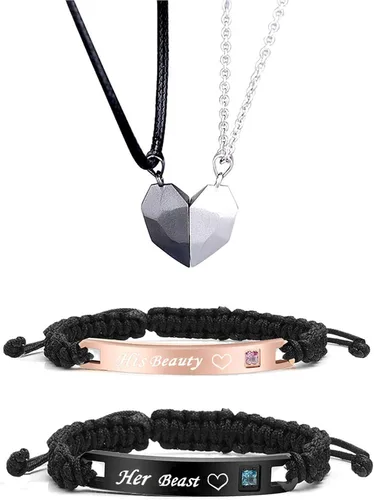 Juego de 4 collares para parejas pulseras magnéticas a juego para novio, novia, parejas, él o ella collares de relación a distancia para parejas.