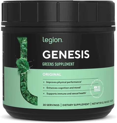 LEGION Genesis Greens - Polvo Super Greens con espirulina orgánica y matcha - Suplemento diario de superalimentos verdes con adaptógenos para