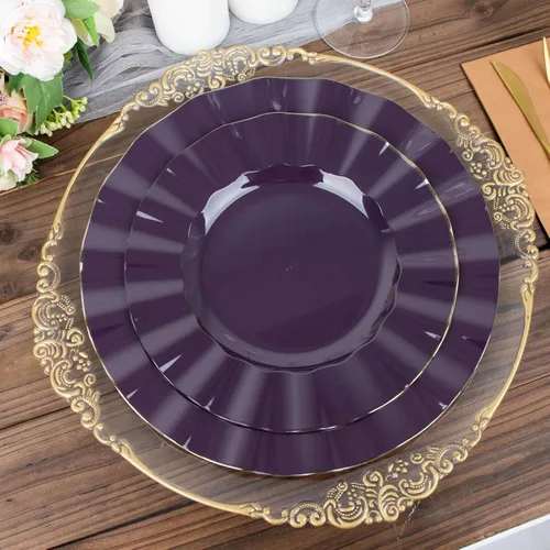 Miniatura 133 de Tableclothsfactory Paquete de 10 platos redondos de plástico negro de 6 pulgadas para ensalada de postre, platos desechables con borde ondulado