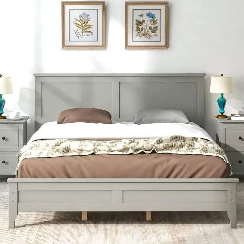 Miniatura 8 de anwickjeff Base de cama de tamaño matrimonial con cabecero y estribo, cama de plataforma de madera maciza blanca de estilo conciso moderno