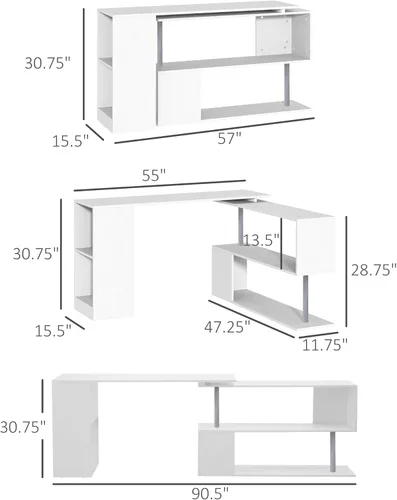 Miniatura 3 de HOMCOM - Escritorio giratorio en L para computadora, con estantes