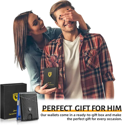 Miniatura 26 de GSOIAX Cartera delgada de cuero plegable RFID para hombre, billetera minimalista con bolsillo frontal con clip para dinero, 12 ranuras para Negro