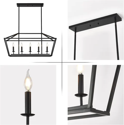Miniatura 5 de XILICON Candelabro rectangular para isla de cocina, lámpara lineal de 5 luces, para comedor, casa de campo, color negro, moderno, industrial